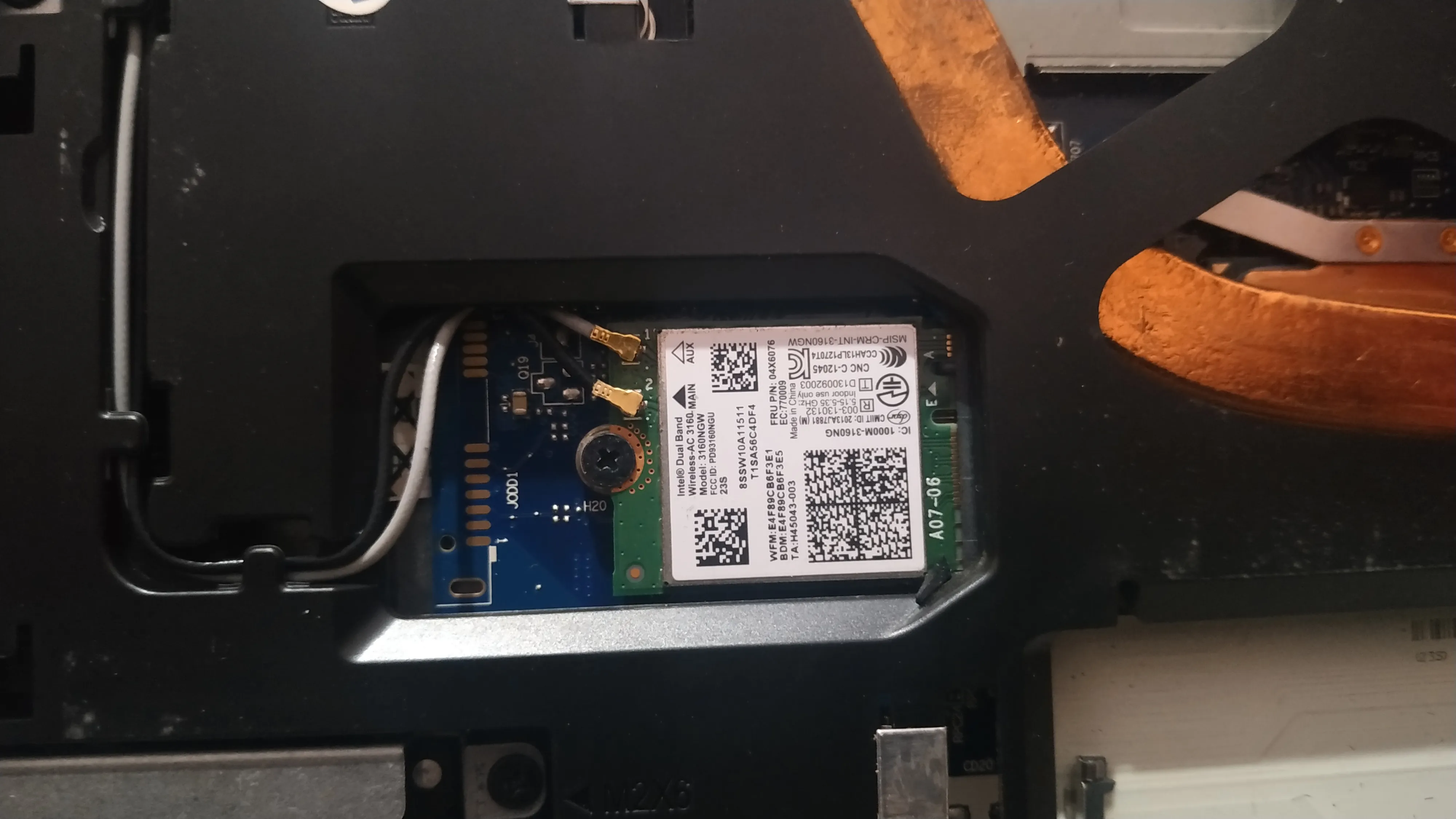  The Wireless Network card - obvious from the two antenna wires leaving the card