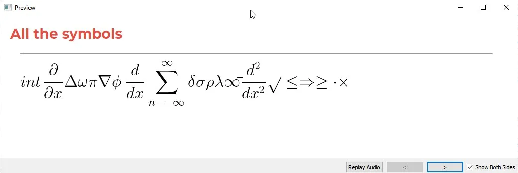  List of all the included symbols, as seen in the Anki preview screen