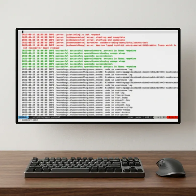 High-tech workstation with Vim displaying highlighted logs on monitor